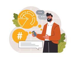 Hashtag. Character using digital device for sending posts and sharing vector