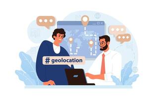 Geolocation pin, location point. Character using digital device for sending vector