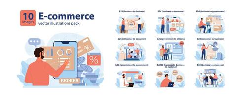 E-store and e-commerce set. Entrepreneur selling goods and gaining vector