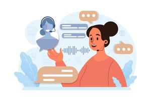 Voice search. Artificial intelligence virtual assistant. Woman speaking on microphone vector