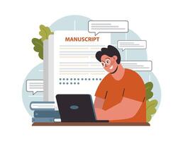 Writing a manuscript. Author writing a book. Creative process. Thoughts vector