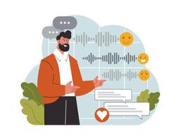 Online communication. Man sending voice messages into social media chat vector