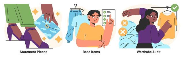 Capsule wardrobe set. Character choose or collect sets of clothes, making vector