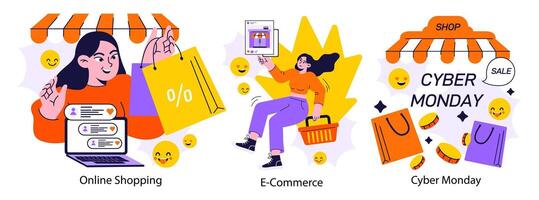 E-commerce set. Online shopping with a big discount and special offer vector