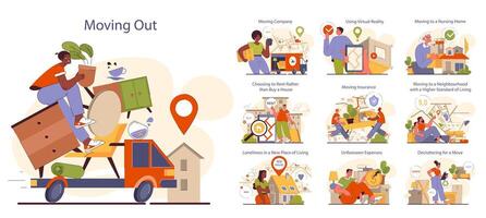 People moving out set. Characters pack belongings and relocating vector