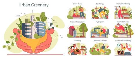 Urban farming or gardening set. City horticulture practices. Characters vector