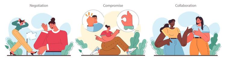 Soft skill development set. Conflict resolution skill. Person resolve vector