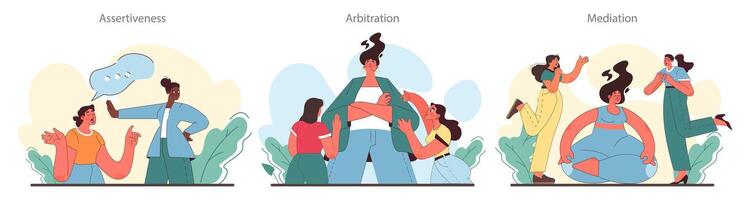Soft skill development set. Conflict resolution skill. Person resolve vector