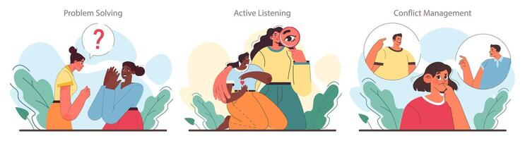 Soft skill development set. Conflict resolution skill. Person resolve vector
