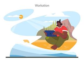 Workcation. Chatacter working away from the office. Digital nomad or freelancer vector