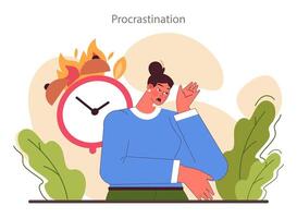 Procrastination. Bad time management skills. Lazy character postponing vector