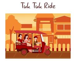 Tuk tuk driver. Tourist couple having a ride in town. Local tricycle rickshaw vector