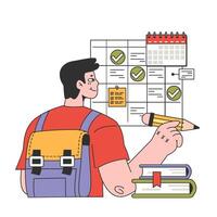 College or university student. Young character planning or checking task vector