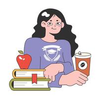 College or university student. Young character studying, reading books vector