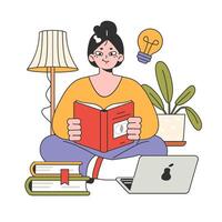 College or university student. Young character studying, reading books vector