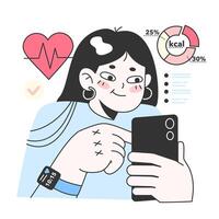 Healthy diet and calorie tracker application. Character using smart electronic vector