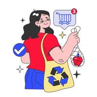Conscious consumption. Consumer using reusable shopping bag instead vector