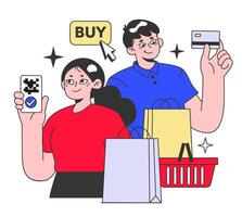 E-commerce. Online shopping, character purchasing goods on a website vector