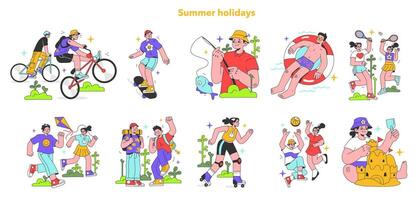 Summer holidays set. Active outside leisure on a summer break. Boys vector