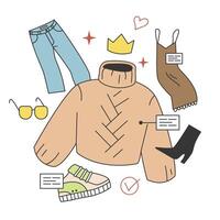Wardrobe developing. Character choose or collect sets of clothes, making vector