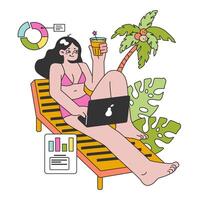 Workcation. Chatacter working away from the office. Digital nomad vector