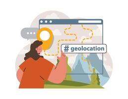 Geolocation pin, location point. Character using digital device for sending vector