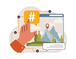 Hashtag. Character using digital device for sending posts and sharing vector