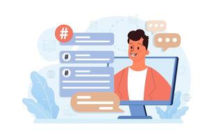 Hashtag. Character using digital device for sending posts and sharing vector
