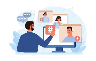 Hashtag. Character using digital device for sending posts and sharing vector
