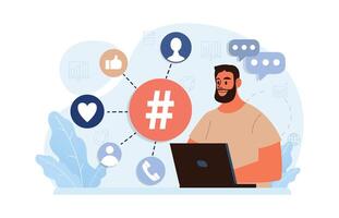 Hashtag. Character using digital device for sending posts and sharing vector