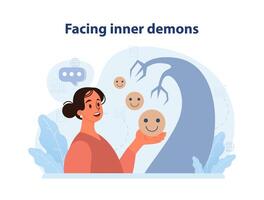 Facing inner demons. Female character facing and fighting with his internal vector