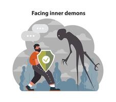 Facing inner demons. Male character facing and fighting with his internal vector