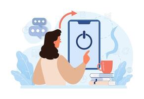 Modern wellbeing practice. Digital detox. Character taking a break from digital vector