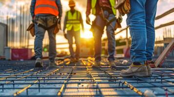 Construction workers and engineers working on high.Heavy industry and Safety at Work concept. photo