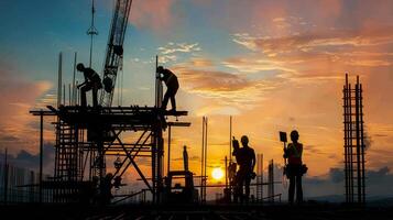 Construction workers and engineers working on high.Heavy industry and Safety at Work concept. photo