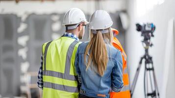 Construction workers and engineers working on high.Heavy industry and Safety at Work concept. photo