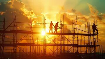 Construction workers and engineers working on high.Heavy industry and Safety at Work concept. photo