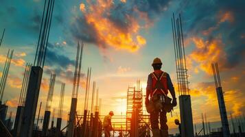Construction workers and engineers working on high.Heavy industry and Safety at Work concept. photo