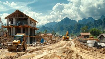 Construction workers and engineers working on high.Heavy industry and Safety at Work concept. photo