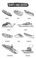 Hand drawn illustration set of different types of boats and ships vector