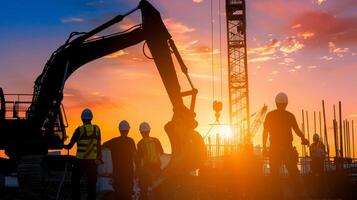 Construction workers and engineers working on high.Heavy industry and Safety at Work concept. photo