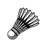 Black and white illustration of a badminton shuttlecock with detailed feathers vector