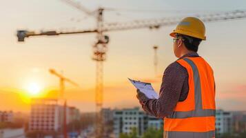 Construction workers and engineers working on high.Heavy industry and Safety at Work concept. photo