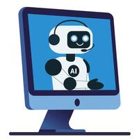 Cute chat bot robot extending its hand from the monitor screen vector