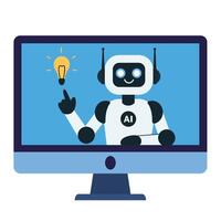 The robot on the computer monitor screen pointing to the light bulb and develops an innovative business idea or strategy. vector