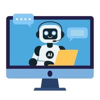 Cute chat bot robot with yellow laptop on on the computer monitor screen vector