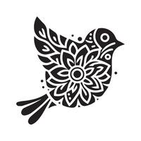 Black silhouette style bird for coloring book design, mandala design with white background, kdp vector