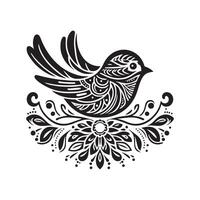 Black silhouette style bird for coloring book design, mandala design with white background, kdp vector