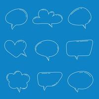 White hand drawn outline speech bubbles collection on blue background vector
