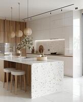 esquina de moderno cocina con blanco y de madera paredes, hormigón piso, blanco encimeras con construido en lavabo y Horno foto
